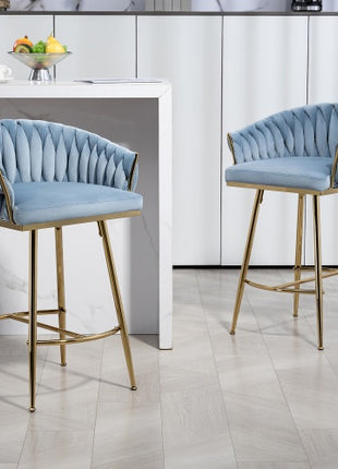 Modern Velvet Bar Stools Set of 2 – Counter Height Kitchen Island Chairs with Gold Metal Base