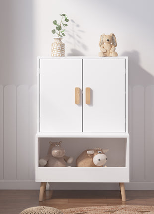 Likeshoppe Kids Toy Storage Cabinet with Doors and Open Shelf – Modern White Wooden Organizer for Nursery, Playroom & Bedroom