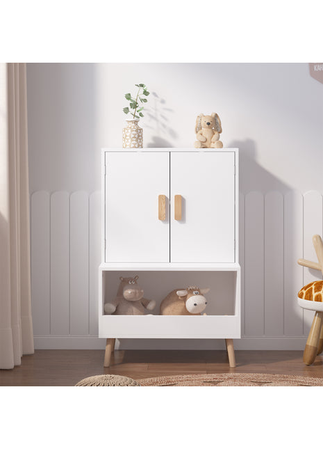 Likeshoppe Kids Toy Storage Cabinet with Doors and Open Shelf – Modern White Wooden Organizer for Nursery, Playroom & Bedroom