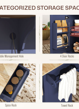 Kitchen Island on Wheels with Drop Leaf, Charging Station, Rolling Kitchen Cart with Wood Top, Adjustable Shelf, Blue