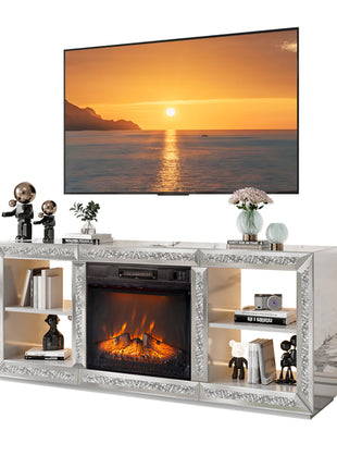 Likeshoppe Mirrored Fireplace TV Stand with Electric Insert – Modern Silver Entertainment Center with Storage Shelves