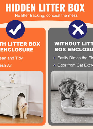 Cat Litter Box Enclosure Furniture – Hidden Wooden Cat Washroom Cabinet with 2 Rooms White