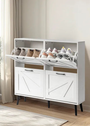Farmhouse Barn Door Shoe Cabinet with 4 Flip-Down Drawers – Distressed White