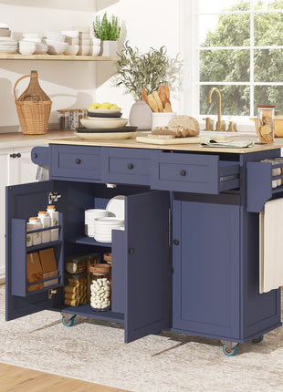 Kitchen Island on Wheels with Drop Leaf, Charging Station, Rolling Kitchen Cart with Wood Top, Adjustable Shelf, Blue
