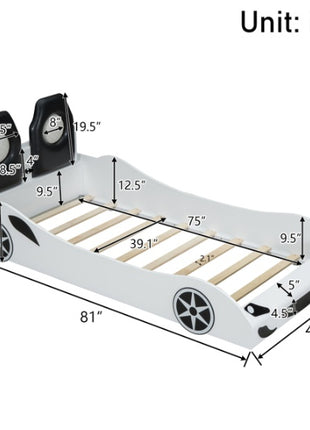 Likeshoppe Wood Twin Size Race Car-Shaped Platform Bed With LED And Upholstered Backrest, White
