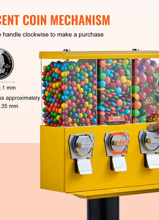 Vintage Gumball Machine Coin Bank – 3 Compartment Candy Dispenser Stand Yellow