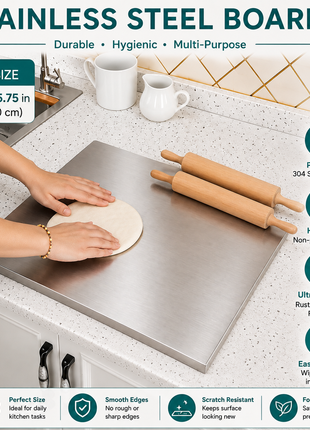 LIKESHOPPE 304 Stainless Steel Cutting Board with Lip – Double-Sided Kitchen Chopping Board for Meat, Vegetables, Dough & Baking