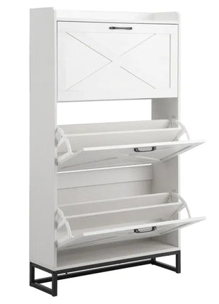Barn Door Shoe Cabinet with 3 Flip Drawers – Farmhouse Tall Entryway Shoe Storage