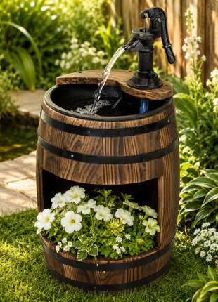 LIKESHOPPE 23" Rustic Wooden Water Pump Fountain – Outdoor Barrel Water Feature with Planter