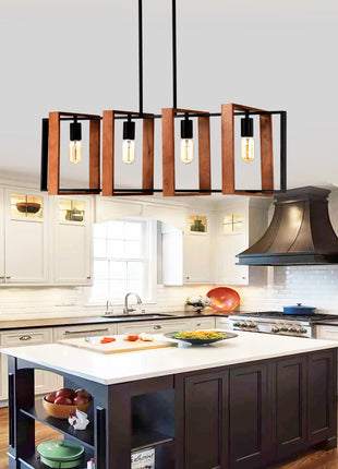 Likeshoppe Farmhouse Kitchen Island Pendant Light – 36" Rustic Wood & Black Metal 4-Light Dining Room Chandelier