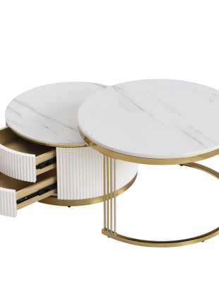 White Round Nesting Coffee Table Set with Drawers – Modern Coffee Tables with Gold Legs