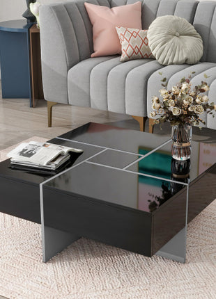Likeshoppe Modern Square Coffee Table with Hidden Storage – Black High Gloss Lift Top Table with Sliding Expandable Design (31.5")
