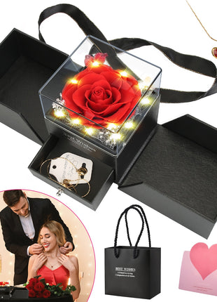 Preserved Red Rose with Heart Necklace – Eternal Real Rose Gift Box for Women