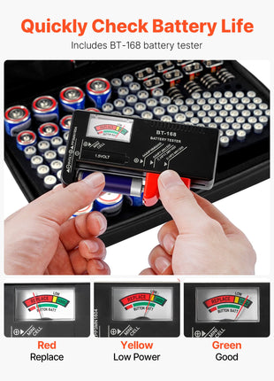 Battery Organizer Storage Box with BT-168 Tester – 167 Battery Capacity Case for AA AAA C D 9V & Button Batteries