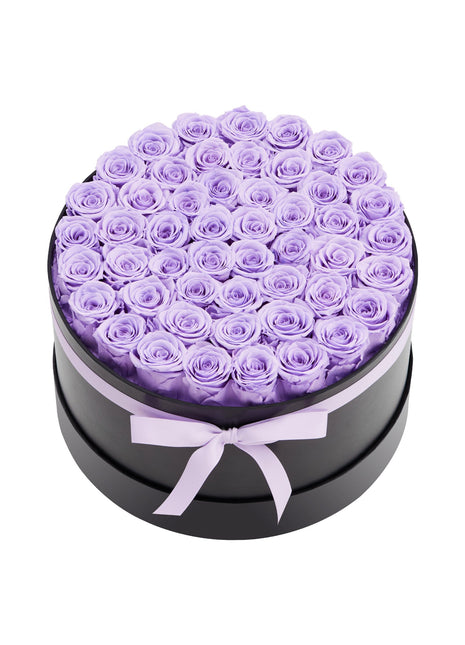 50 Preserved Roses Lavender Purple Round Box – Forever Flowers Gift for Women Wife Mom Anniversary Valentine’s Day