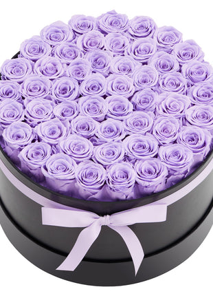 50 Preserved Roses Lavender Purple Round Box – Forever Flowers Gift for Women Wife Mom Anniversary Valentine’s Day