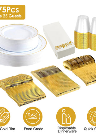 175PCS Gold Rim Disposable Dinnerware Set for 25 Guests – Elegant Party Plates Cups & Utensils