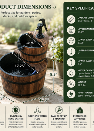 LIKESHOPPE 2-Tier Wooden Barrel Fountain – Rustic Outdoor Water Feature with Electric Pump
