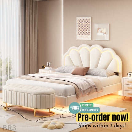 BR3- 2-Pieces Bedroom Sets,Queen Size Upholstered LED Platform Bed with Storage Ottoman-Velvet - Likeshoppe 