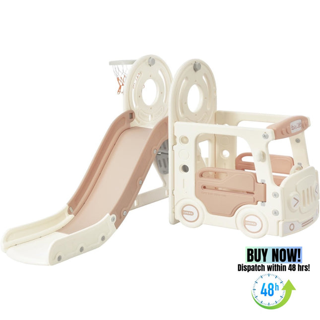 BB21- Kids Slide with Bus Play Structure; Freestanding Bus Toy with Slide for Toddlers; Bus Slide Set with Basketball Hoop - Likeshoppe 