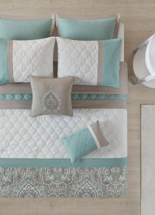 Likeshoppe Queen 8 Piece Comforter Set Seafoam – Luxury Quilted Damask Bedding Set with Decorative Pillows & Bed Skirt