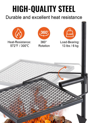 Swivel Campfire Grill – 360° Adjustable Heavy Duty Fire Pit Grill Grate for Camping BBQ