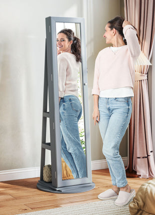 360° Swivel Jewelry Armoire with Full-Length Mirror – Lockable Standing Jewelry Cabinet Gray