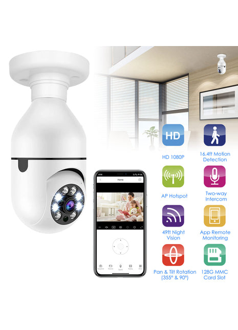 1080P WiFi Bulb Security Camera – E27 Smart IP Camera with Night Vision, Motion Detection & Two-Way Audio
