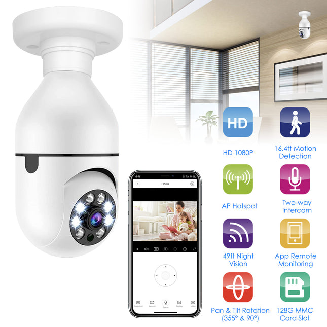 1080P WiFi Bulb Security Camera – E27 Smart IP Camera with Night Vision, Motion Detection & Two-Way Audio