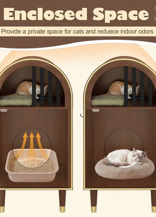 2-Tier Cat Litter Box Enclosure & Condo Cat Bed – Modern Arch Cat House Furniture for 2 Cats (Espresso)