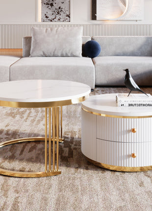 White Round Nesting Coffee Table Set with Drawers – Modern Coffee Tables with Gold Legs