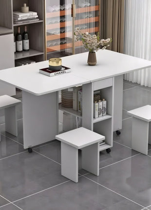 Likeshoppe Folding Drop Leaf Dining Table Set for 4 with Storage & Wheels – Space Saving White Table and Chairs for Small Spaces