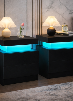 LED Nightstand with 2 Drawers – Modern Black Bedside Table with RGB Lights (Set of 2)