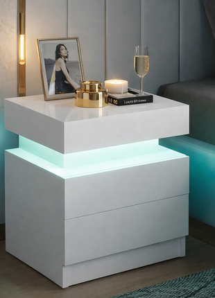 LED Nightstand with 2 Drawers – Modern Black Bedside Table with RGB Lights (Set of 2)