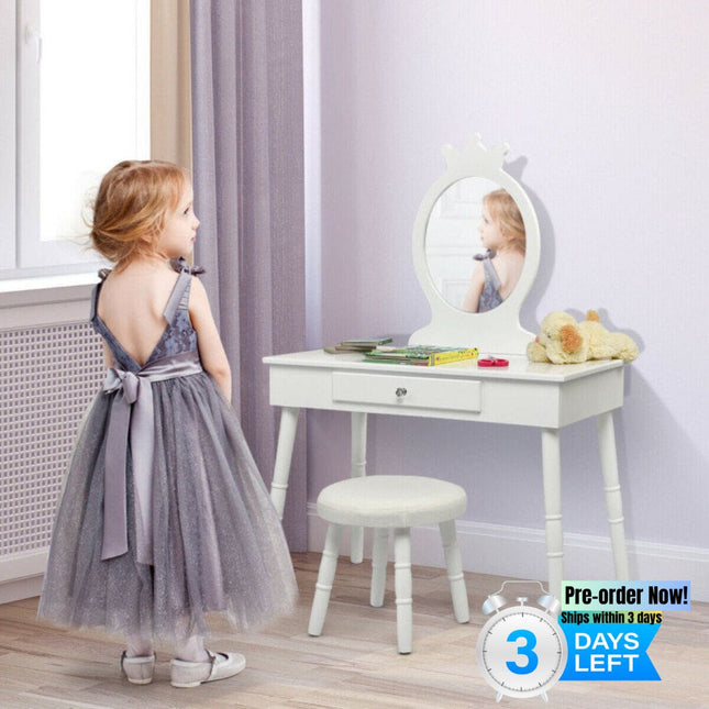 AY1- Kids Wooden Princess Makeup Table with Cushioned Stool - Likeshoppe 