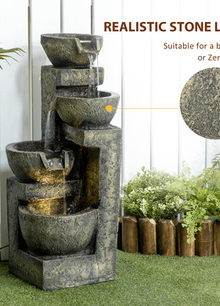 4-Tier Stone Bowl Outdoor Fountain with LED Lights – Small Zen Garden Waterfall Feature