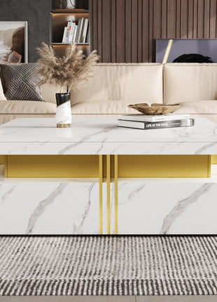 Modern White Square Coffee Table with 4 Drawers – Luxury Living Room Storage Table