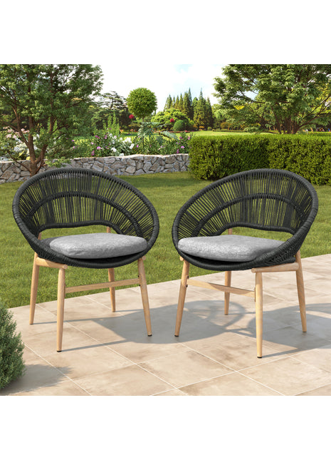 Likeshoppe Outdoor Wicker Papasan Dining Chairs Set of 2 with Cushions – Modern Patio Chairs with Teak Legs for Garden, Balcony & Outdoor Dining