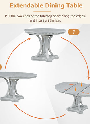 Retro 5-Piece Extendable Round Dining Set – Antique Gray Oak Table with 4 Chairs