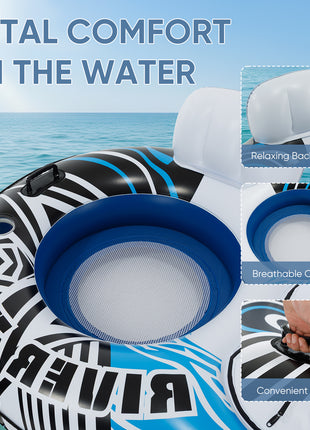 2PCS Inflatable River Floats with Cooler & Cup Holders – Oversized Float Tubes with Backrest