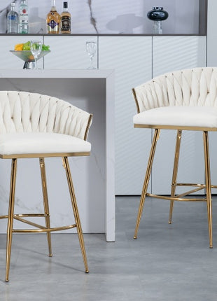Modern Velvet Bar Stools Set of 2 – Counter Height Kitchen Island Chairs with Gold Metal Base