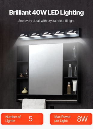 Likeshoppe 40W LED Vanity Light with 5 Rotatable Heads – Modern Waterproof Bathroom Light Fixture for Mirror & Makeup Lighting