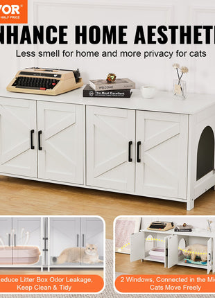 Cat Litter Box Enclosure Furniture – Hidden Wooden Cat Washroom Cabinet with 2 Rooms White