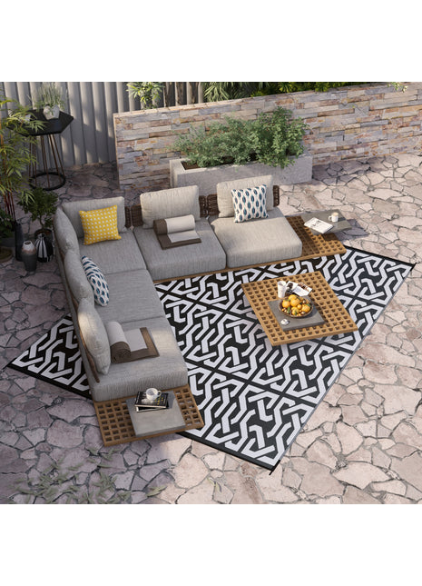Reversible Outdoor Rug 8x10 Waterproof – RV Camping Patio Rug with Carry Bag Black & White Chain