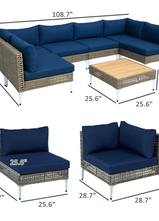 7 Piece Wicker Patio Furniture Set with Cushions & Acacia Wood Table