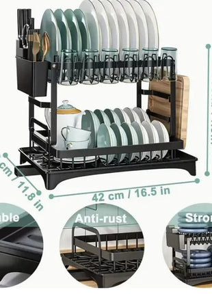 2-Tier Kitchen Dish Drying Rack Large Capacity – Dish Rack with Drain Board & Rotatable Spout