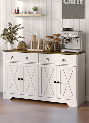 Farmhouse Sideboard Buffet Cabinet with Barn Doors – Rustic Kitchen Credenza Storage Cabinet with Drawers