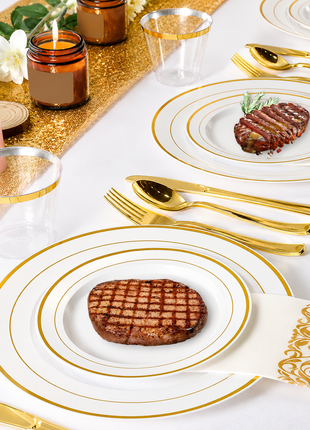 175PCS Gold Rim Disposable Dinnerware Set for 25 Guests – Elegant Party Plates Cups & Utensils