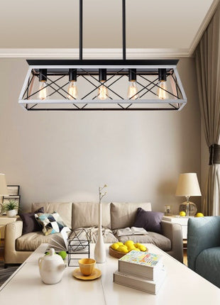 Likeshoppe 5 Light Farmhouse Chandelier White & Black – Rustic Wood & Iron Dining Room Ceiling Light with Adjustable Height (E26 Dimmable)
