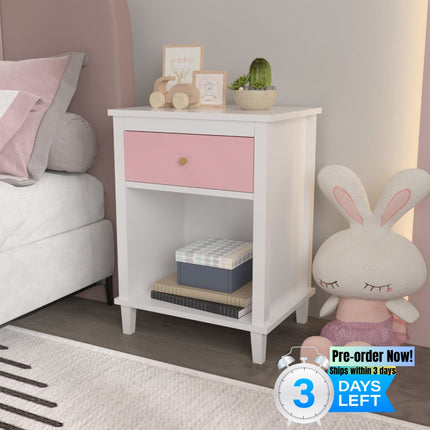 AW7- Wooden Nightstand with One Drawer One Shelf for Kids, Adults, Pink - Likeshoppe 